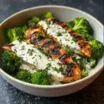 Grilled Chicken & Broccoli Bowls with Creamy Garlic Sauce Recipe