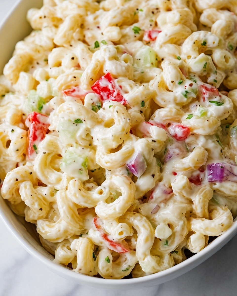 This image shows a close-up of creamy macaroni salad in a white bowl. The salad has thick, pale yellow macaroni noodles covered in a smooth, white dressing. Mixed in are small pieces of bright red bell pepper, chunks of light green celery, and bits of purple onion, adding pops of color. Tiny green herb flecks and black pepper specks are scattered throughout, giving texture and visual interest. The creamy sauce glistens softly on the pasta, making the salad look fresh and tasty. The bowl sits on a white marbled surface. photo taken with an iphone --ar 4:5 --v 7
