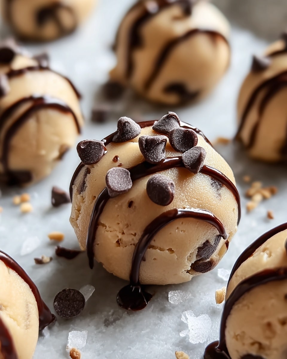The image shows round, light brown cookie dough balls with a smooth, creamy texture, each topped with several small, dark brown chocolate chips scattered on the top and sides. Thin lines of glossy, dark chocolate sauce are drizzled over each ball. The balls are placed on a white marbled surface with a few scattered coarse salt flakes around them. The focus is on a single cookie dough ball in the center, with others blurred in the background for depth. photo taken with an iphone --ar 4:5 --v 7