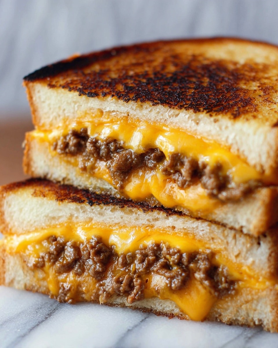 A close-up view of a sandwich cut in half, showing two thick layers of melted yellow cheddar cheese and a middle layer of cooked ground beef with a brown, slightly crumbly texture. The sandwich is made with two slices of toasted white bread, golden brown with some darker charred spots on the surface, giving a crunchy look. The layers are stacked evenly inside the sandwich, with the melted cheese oozing slightly where the sandwich is cut. The background is a white marbled texture, making the sandwich the main focus. photo taken with an iphone --ar 4:5 --v 7