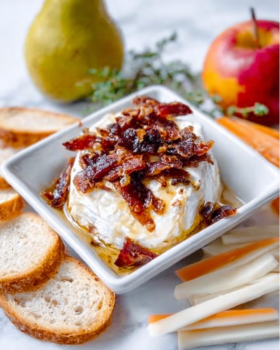A small white square bowl holds a creamy white soft cheese log topped with crispy, dark brown bacon pieces and drizzled with golden honey. Around the bowl, there are thin slices of white bread with a light golden crust at the bottom left, slices of white and orange marbled cheese on the top right, and thin white cheese slices at the bottom right. Behind the bowl, you can see a red and yellow apple and a green pear resting on a clean white marbled surface. A small sprig of green herb peeks in from the top right corner. The setup is bright and fresh, focusing on the rich textures and colors of the food. photo taken with an iphone --ar 4:5 --v 7