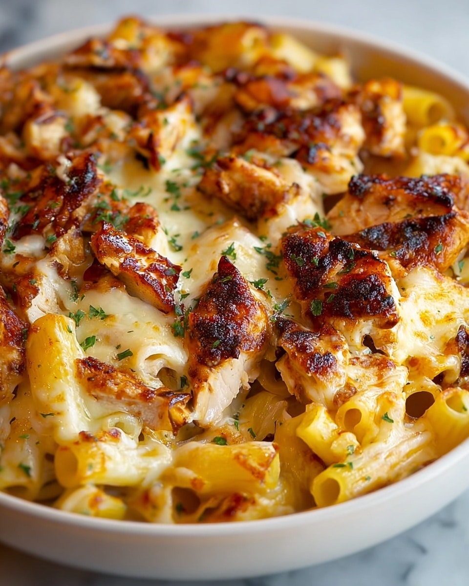 The dish shows a close-up of baked pasta with three layers visible: the bottom layer is golden tube-shaped pasta, coated with a creamy sauce; the middle layer has well-cooked pieces of grilled chicken with a slightly charred texture and rich brown color, spread evenly on top; the top layer is melted cheese that is creamy white with browned spots, giving a gooey and crispy look, sprinkled with small green herb flakes for color contrast. The food is served in a white bowl placed on a white marbled textured surface. photo taken with an iphone --ar 4:5 --v 7