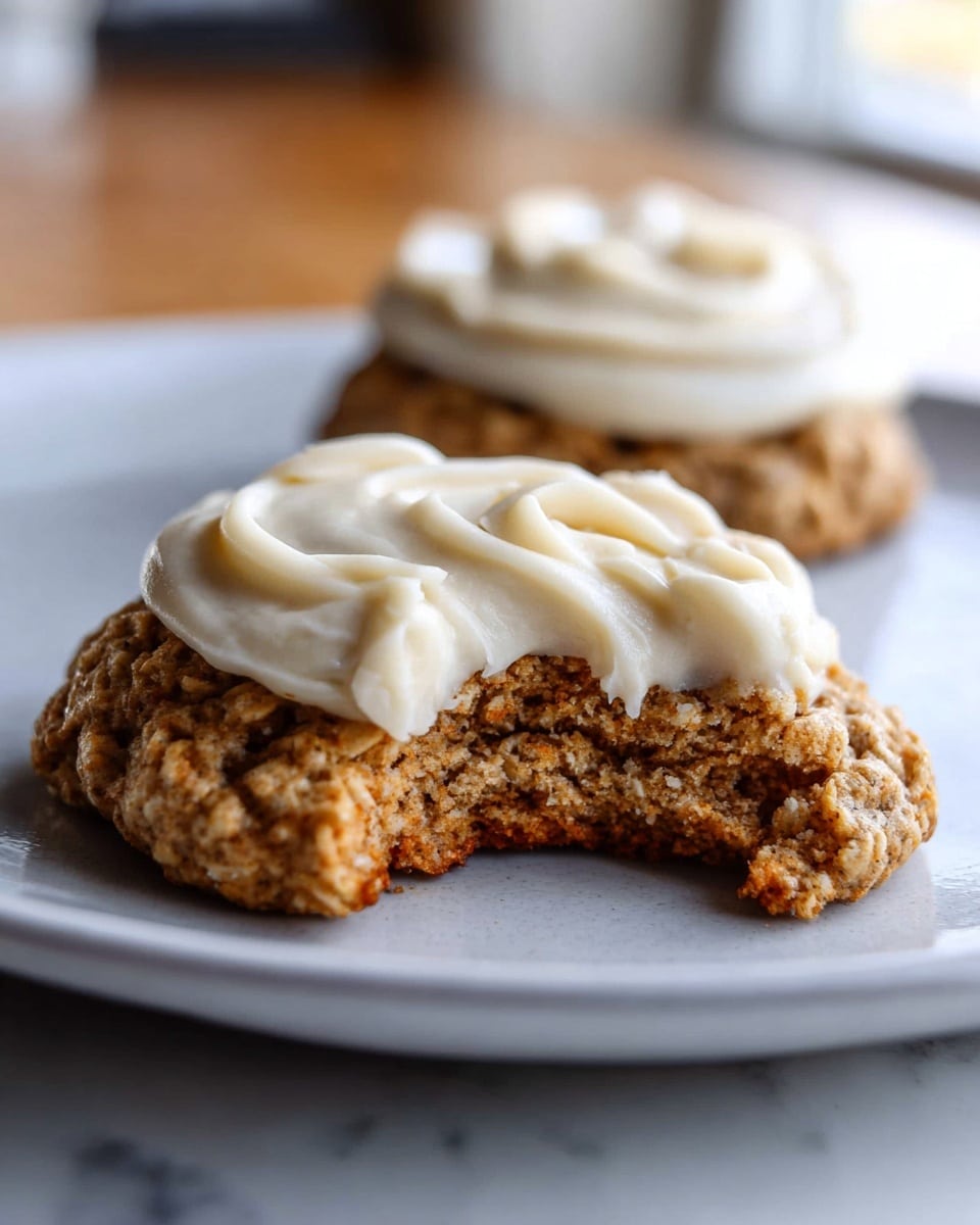 A close-up of two thick oatmeal cookies on a white plate placed on a white marbled surface. The cookie in the front has a bite taken out of it, showing a moist and crumbly inside with a rough, textured surface of oats on the outside. Each cookie is topped with a generous layer of creamy, smooth white frosting swirled in loose loops on top. In the background, the second cookie is slightly blurred, placed near a window that lets in soft natural light. Photo taken with an iphone --ar 4:5 --v 7