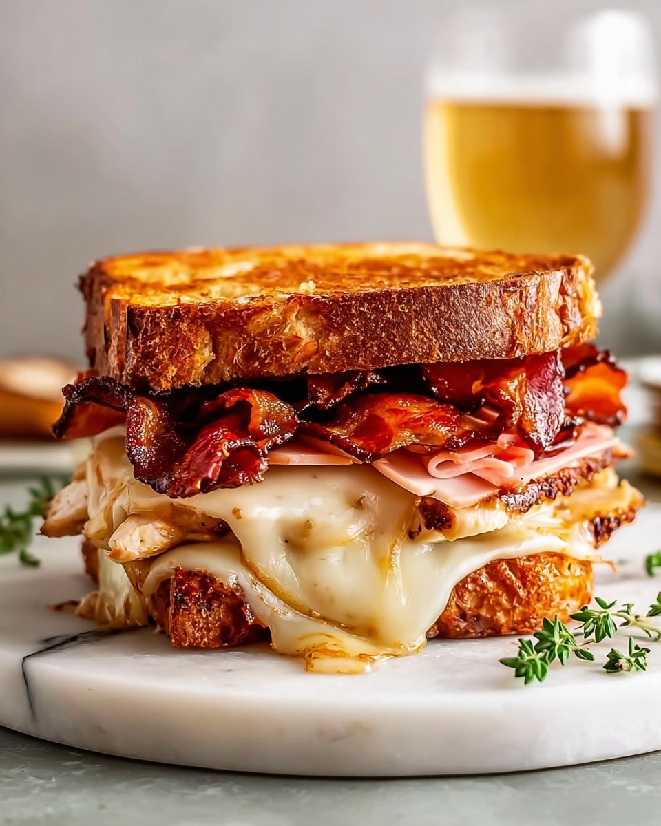 A thick sandwich made with two layers of toasted brown bread, the top slice showing a crisp, golden crust. Inside, the bottom layer has melted cheese with a shiny, gooey texture that drapes over a layer of grilled chicken with a light brown color and slight char marks. Above the cheese and chicken, there is a slice of pink ham, and on top, a generous pile of crispy, dark reddish-brown bacon strips. The sandwich sits on a round white marble board with a sprig of green herb beside it, and there is a blurred glass of pale yellow drink in the background. Photo taken with an iphone --ar 4:5 --v 7