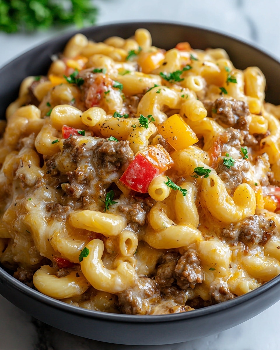 A close-up view of a bowl filled with creamy macaroni pasta layered with ground beef chunks, melted cheese, and diced red and yellow bell peppers, all mixed together in a rich sauce. The macaroni has a smooth, slightly shiny yellow color with a soft texture, while the beef pieces are brown and tender. The cheese looks melted and slightly browned in spots, covering the pasta and beef. Small green parsley leaves are scattered on top, adding a touch of freshness and color contrast. The bowl is white, placed on a white marbled surface. photo taken with an iphone --ar 4:5 --v 7