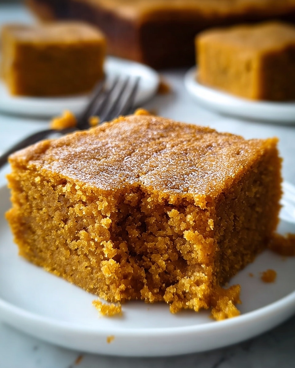 A close-up view of a single square piece of soft brown cake with a crumbly texture on a white plate, showing a dense and moist interior with a slightly cracked top layer, edges slightly rough and uneven. The cake has a uniform golden brown color all over with a fine grain visible throughout. The background is a white marbled surface with a blurry fork and other pieces of cake in the distance. photo taken with an iphone --ar 4:5 --v 7