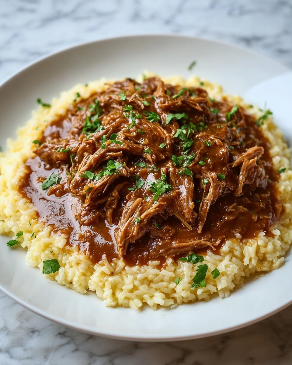 A white plate holds a dish with two layers: the bottom layer is a bed of cooked rice with a light yellow color and soft texture, spread evenly across the plate. On top is a generous heap of shredded meat covered in a thick, rich brown sauce with a glossy finish. The meat looks tender and juicy, and the dish is sprinkled with finely chopped green herbs, adding a fresh contrast to the warm colors. The plate sits on a surface with a white marbled texture. photo taken with an iphone --ar 4:5 --v 7