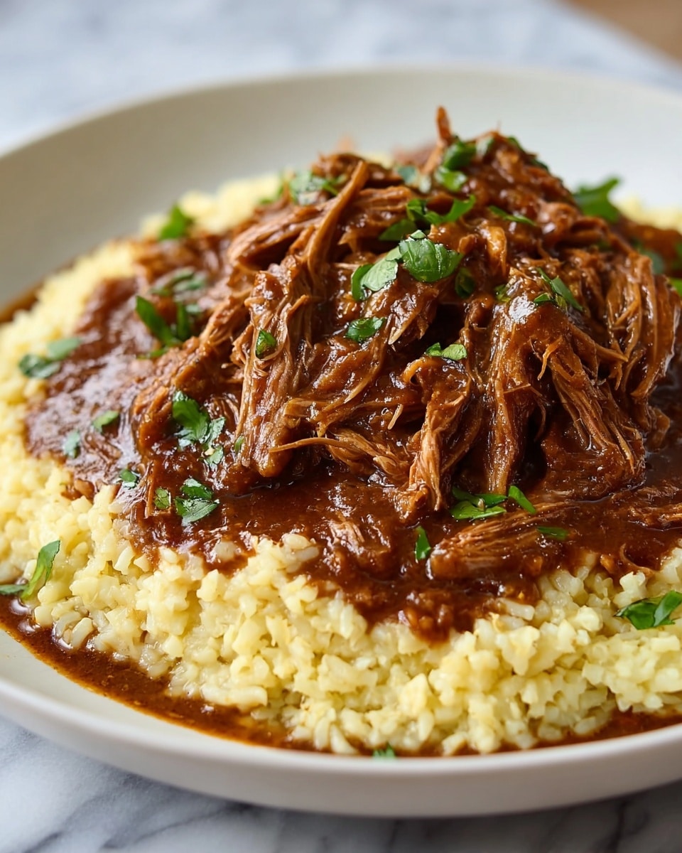 A white plate holds a layered dish with two main parts: the bottom layer is a bed of light yellow rice with a soft and fluffy texture, spread evenly across the plate. On top sits a thick layer of shredded brown meat covered in a rich, dark brown sauce that looks smooth and glossy. The meat strands are juicy and tender, with some pieces sticking out, and there are small bits of green herbs scattered on top for color contrast. The plate is placed on a white marbled surface. Photo taken with an iphone --ar 4:5 --v 7