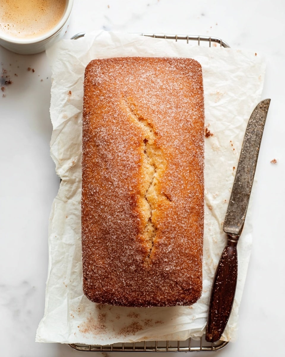 A rectangular loaf cake sits on white parchment paper over a cooling rack, showing a golden brown, slightly rough textured top covered with a layer of fine sugar crystals that give a sparkly effect. The edges of the cake are slightly darker with a crisp look while the middle remains a warm brown with small cracks. To the right of the cake, an old-fashioned knife with a dark wooden handle and a slightly tarnished silver blade lies flat on the white marbled surface. In the top left corner, a white cup with light foam or froth on top is partially visible. photo taken with an iphone --ar 4:5 --v 7