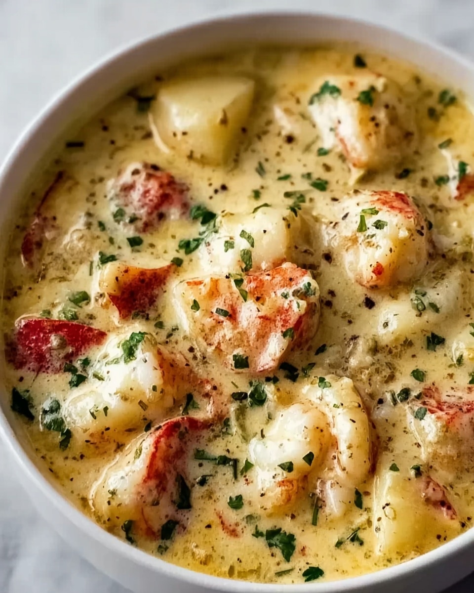This image shows a creamy dish with large chunks of white and reddish seafood pieces spread evenly throughout the thick, light yellow sauce. The sauce has a smooth texture with visible black pepper flecks and is generously sprinkled with small green herb bits. The dish is contained in a white bowl, contrasting nicely with the rich colors of the food, all resting on a white marbled surface. photo taken with an iphone --ar 4:5 --v 7