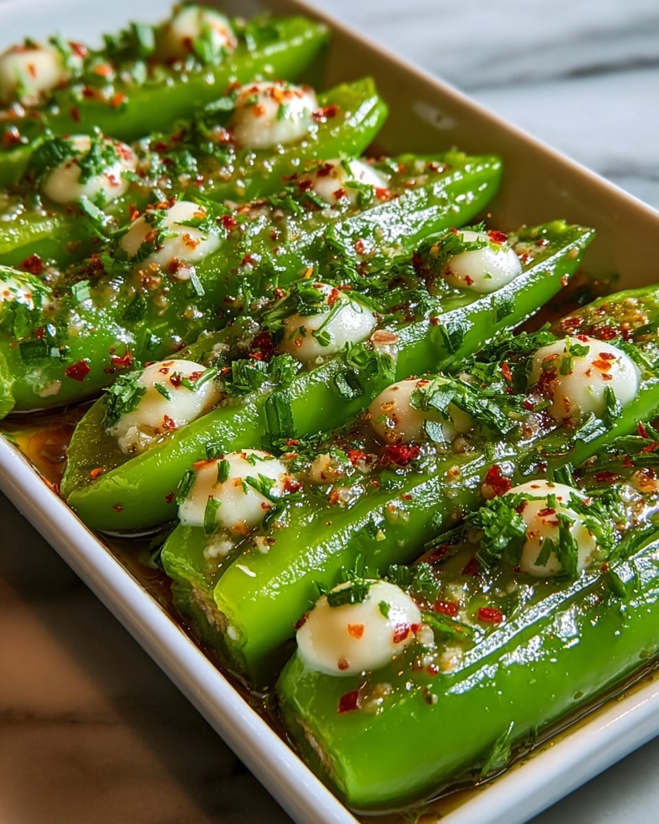 The image shows a close-up of a dish with bright green peppers arranged neatly in a rectangular white plate. Each pepper is topped with small dollops of creamy white sauce, sprinkled with finely chopped green herbs and red chili flakes, giving a colorful contrast on the glossy surface of the peppers. The peppers look fresh and shiny, with a slightly wet texture from the sauce and seasoning. The background is a white marbled texture, making the vibrant colors of the dish stand out clearly. photo taken with an iphone --ar 4:5 --v 7