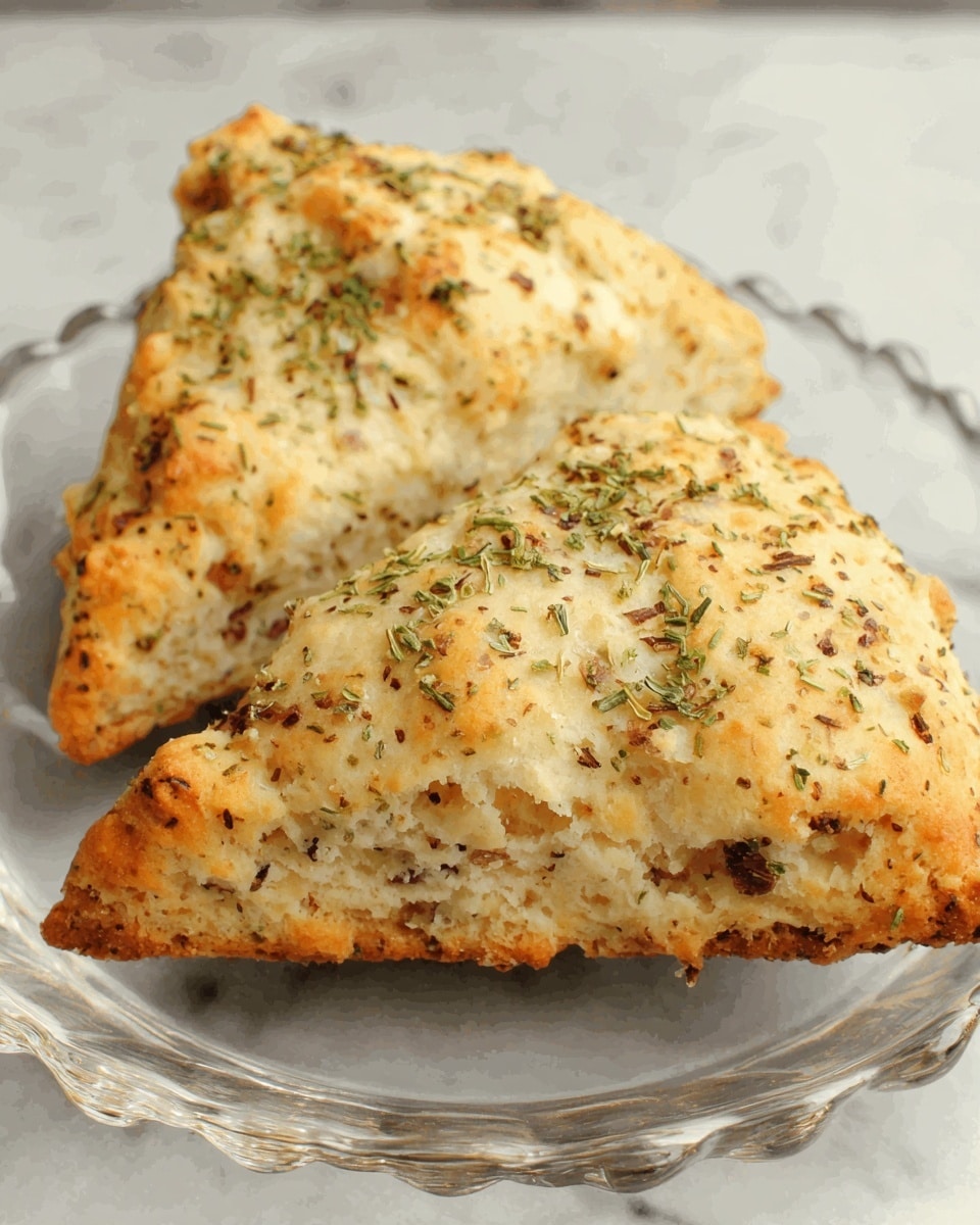Two triangular pieces of scone rest on a clear glass plate with a scalloped edge, placed on a white marbled surface. The scones have a light golden-brown crust, speckled with darker brown spots and sprinkled with dried green herbs on top. The texture appears crumbly and soft, with visible bits mixed inside the scone. The lighting highlights the buttery, flaky surface and uneven edges, giving a fresh, baked look. Photo taken with an iphone --ar 4:5 --v 7