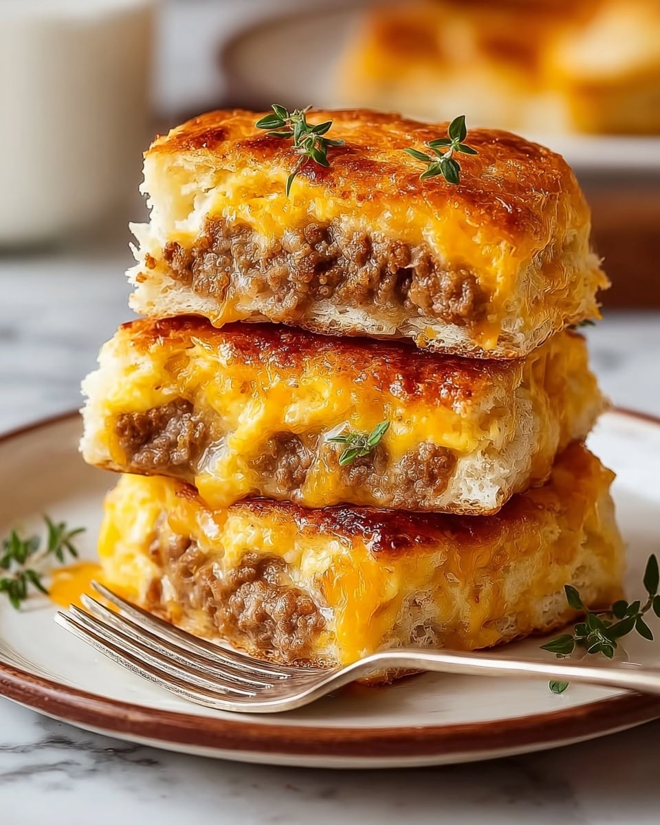 A stack of three thick, square breakfast sandwiches sit on a white plate with a brown rim, placed on a white marbled surface. Each sandwich has three layers: a golden-brown, crispy top biscuit layer with melted orange cheddar cheese oozing slightly over the edges, a middle layer of cooked ground sausage with juicy texture, and a bottom biscuit layer similar to the top but less browned. The top sandwich is garnished with small green herbs, and a silver fork rests against the plate’s edge. The warm, gooey cheese and hearty sausage filling are clearly visible in the cross-section of the sandwiches. Photo taken with an iphone --ar 4:5 --v 7