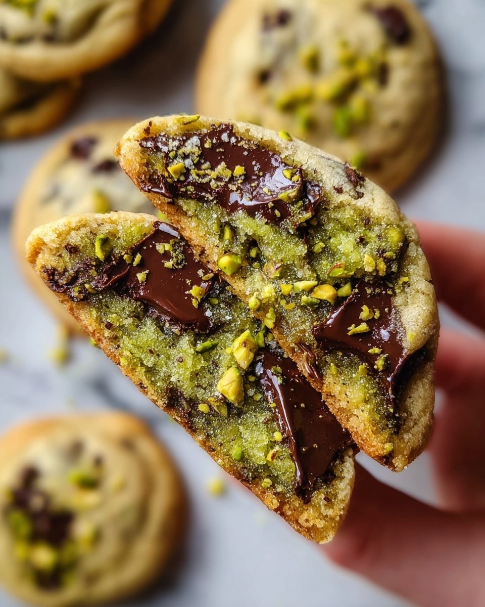 A close-up view of a round cookie, split in half by a woman's hand holding it, showing three thick layers: the outer baked golden-brown cookie dough with a slightly crumbly texture, scattered dark chocolate chunks partially melted, and inside a gooey, bright green pistachio filling that looks creamy and soft; small pieces of crushed pistachios are sprinkled over the top, adding texture and a pop of color. The background features more cookies out of focus against a white marbled surface. photo taken with an iphone --ar 4:5 --v 7