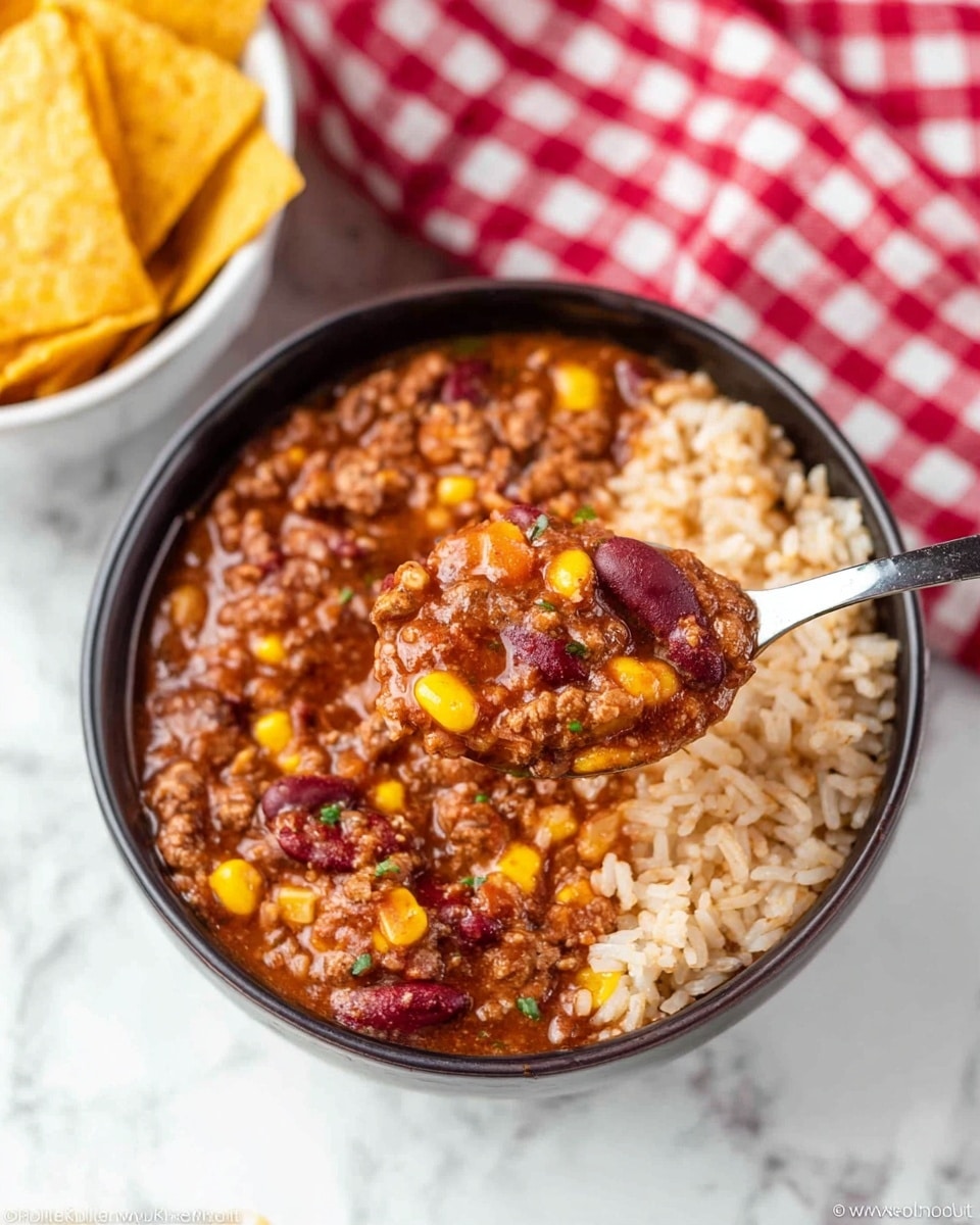 A close-up view of a black bowl filled with chili mixture containing three main layers: a thick reddish-brown sauce base, a layer of white rice mixed in, and scattered pieces of dark red kidney beans, yellow corn kernels, and brown ground meat throughout. A spoon is partially dipped inside the bowl with some chili lifted, showing the chunky texture of rice, beans, meat, and corn. In the blurred background, there is a white bowl filled with yellow tortilla chips and a red and white checkered cloth, all set on a white marbled surface. photo taken with an iphone --ar 4:5 --v 7