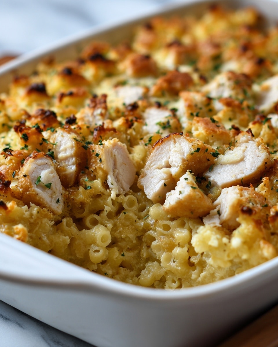 A close-up view of a baked casserole in a white ceramic dish shows a top layer of small, golden brown pasta pieces mixed with chunks of slightly browned chicken. The chicken pieces are white inside with a light crispy exterior. The pasta layer has a soft and slightly crumbly texture, sprinkled with small bits of green herbs. The edges of the casserole dish are clean and the background is a white marbled texture. photo taken with an iphone --ar 4:5 --v 7