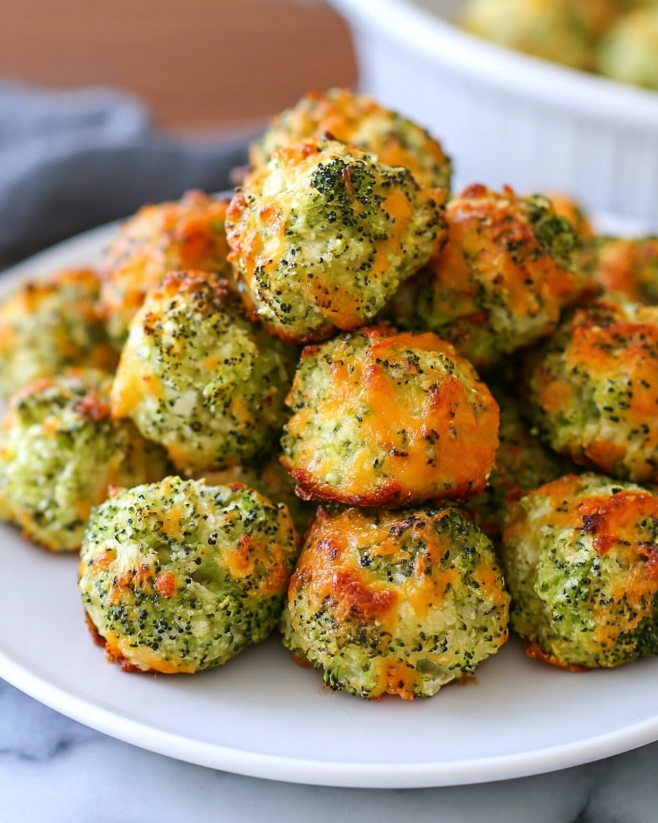The image shows a white plate filled with about twelve round baked cheese and broccoli balls. Each ball has a rough, crumbly texture with visible green broccoli pieces and melted golden cheese, mixed with small dark seeds or herbs that add a speckled look. The balls have a slightly browned, crispy surface that suggests they are freshly baked. The plate sits on a white marbled surface with soft natural light coming from the top left, highlighting the warm colors and textures of the cheese balls. photo taken with an iphone --ar 4:5 --v 7