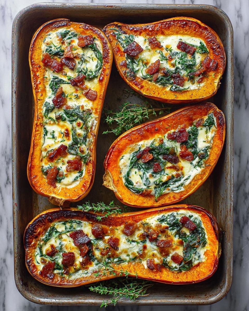 Four halves of roasted butternut squash are arranged in a metal baking tray on a white marbled surface. Each squash half has a deep orange base layer with a slight char on the edges. The hollowed centers are filled with a creamy white cheese mixture dotted with wilted green spinach and browned crispy bacon pieces. Small green herb sprigs, likely thyme, are scattered over the squash and tray, adding a fresh touch. The overall look is warm with a contrast of orange, white, dark green, and brown colors. photo taken with an iphone --ar 4:5 --v 7