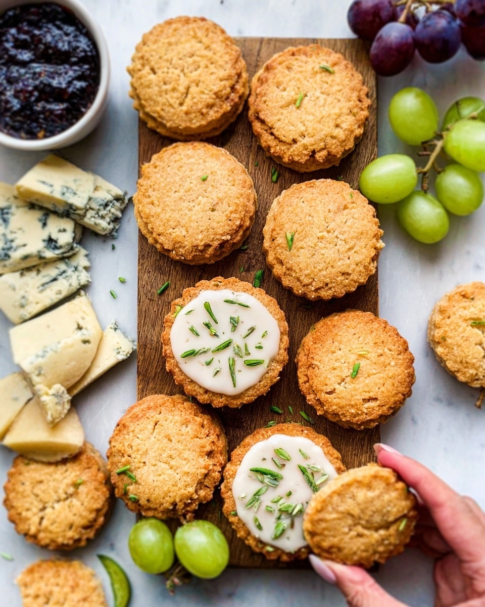 The image shows a wooden board placed on a white marbled surface, filled with round, golden-brown cookies with a crumbly texture. There are two layers in the front center: one cookie topped with a white glaze and sprinkled with small green herbs, surrounded by other plain cookies with rough edges. Scattered around the cookies are green grapes, dark purple grapes, and small greenish white cheese wedges with a smooth texture. Near the top, there is a white bowl with a dark, jam-like spread and sliced blue cheese on the board beside it. A woman's hand is gently holding one cookie at the bottom right of the board. The overall scene has a warm and inviting feeling, showing a mix of textures and colors on a clean white marbled background. photo taken with an iphone --ar 4:5 --v 7