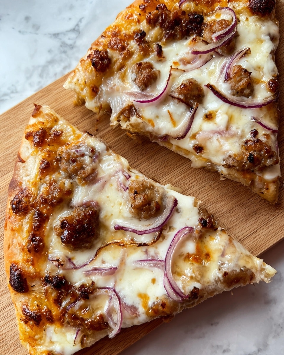 The image shows two slices of pizza on a wooden board placed over a white marbled surface. Each slice has three main layers: a golden-brown crust at the bottom, a creamy layer of melted white cheese on top, and scattered browned sausage pieces along with thin slices of red onion spread over the cheese. The cheese layer looks bubbly with lightly browned spots, and the sausages add a crispy texture with slightly caramelized edges. The red onion rings are thin and slightly translucent, curling gently on the surface. The wooden board beneath the slices has a natural light brown color with visible grain lines that contrast with the pizza. Photo taken with an iphone --ar 4:5 --v 7