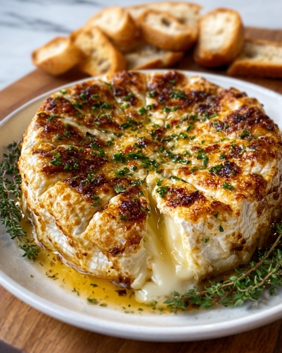 A round baked cheese with a golden, slightly crispy outer crust sits on a white plate with fresh green herbs sprinkled on top. The cheese is cut slightly into sections around the edges, showing a creamy, melting interior oozing out onto the plate. The top is glossy with small green herb bits and some browned spots, giving a textured and flavorful look. The plate rests on a wooden board with some slices of bread blurred in the background over a white marbled surface. photo taken with an iphone --ar 4:5 --v 7