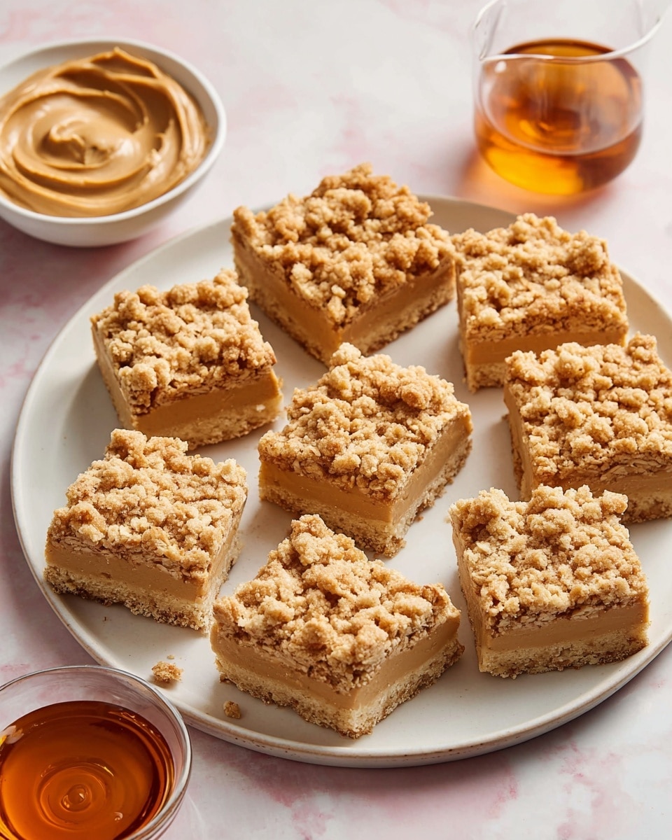 The image shows eight square oat bars with crumbly light brown tops arranged on a white plate. Each bar has three visible layers: a bottom crust that is slightly darker golden brown, a smooth, creamy middle layer in a pale tan color, and a rough, chunky oat topping in a light beige shade covering the top. Around the plate, there is a small white bowl filled with creamy peanut butter swirled smoothly, and a small glass bowl with amber-colored honey. The round bowls and oat bars rest on a white marbled surface with a clean and bright look. photo taken with an iphone --ar 4:5 --v 7