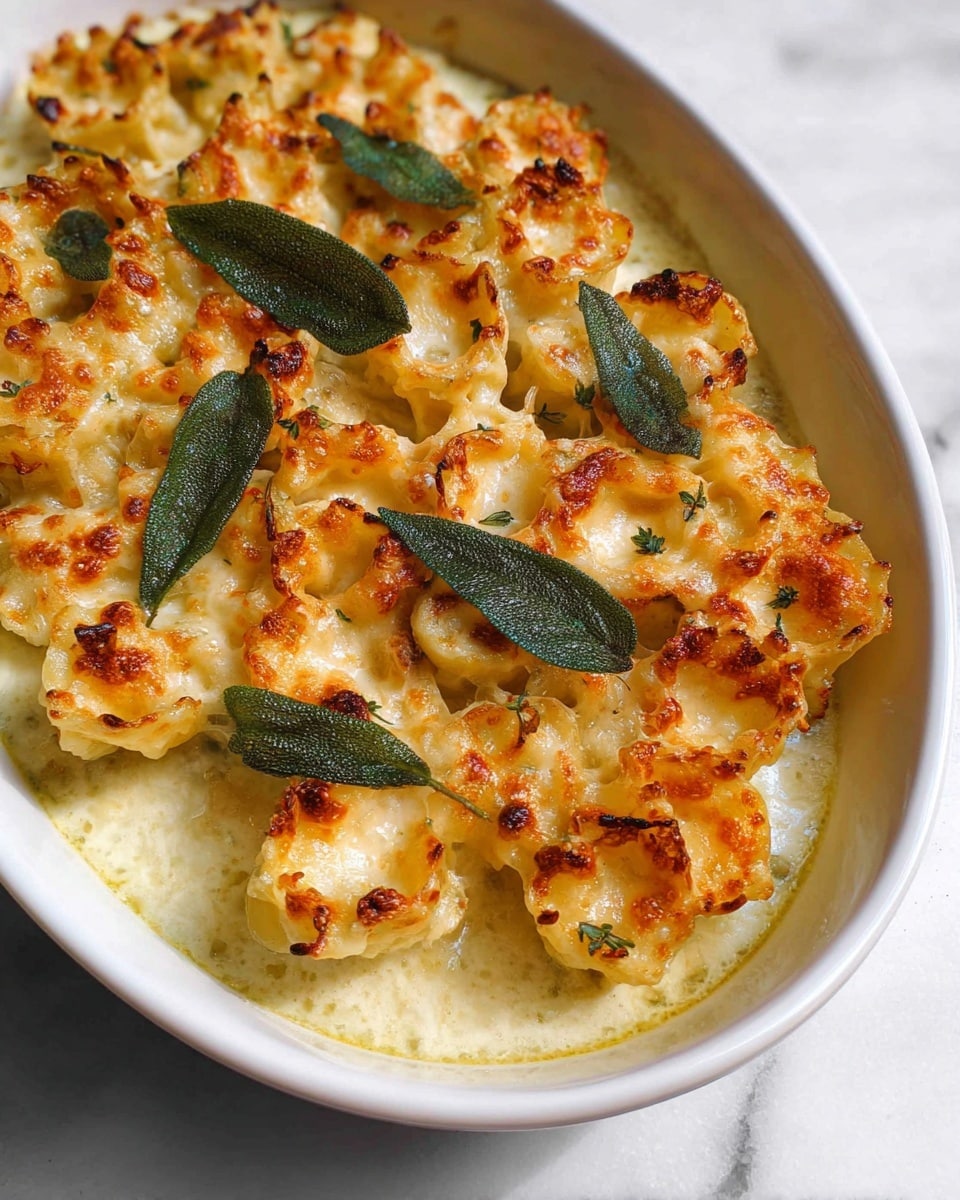 The dish in the white oval dish shows pasta arranged in two layers. The bottom layer is creamy white sauce covering the base of the dish. The top layer consists of golden-brown baked pasta rounds with a ruffled edge and hollow center, each topped with melted lightly browned cheese. Scattered on top are deep green fresh sage leaves, adding a pop of color. The dish rests on a white marbled surface with warm lighting highlighting the textures and colors. photo taken with an iphone --ar 4:5 --v 7