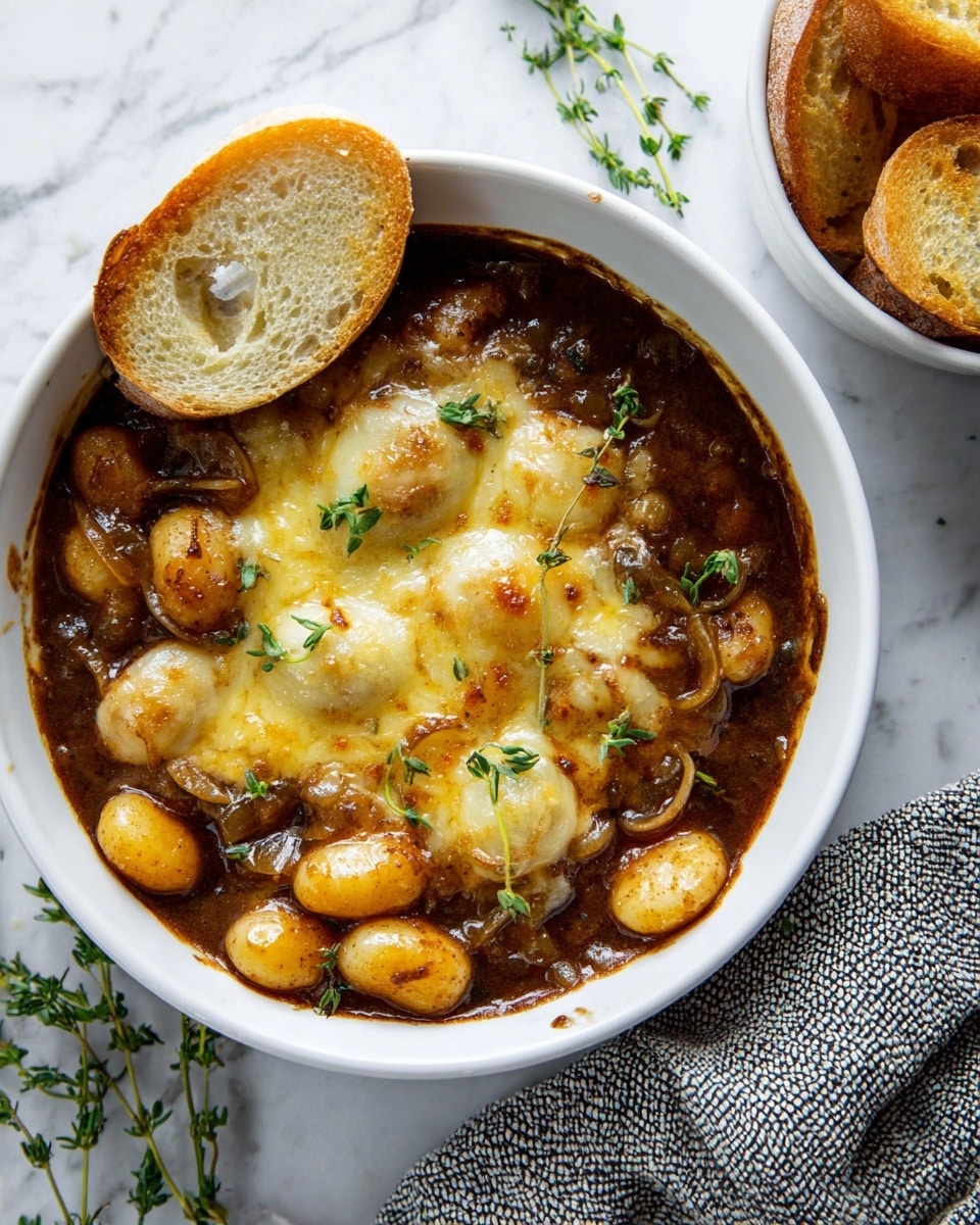 A white bowl filled with a rich, dark brown stew that has a glossy, thick sauce. The stew contains small, golden-brown gnocchi and onions, all topped with a bubbly melted layer of light yellow cheese that is browned in patches. On top of the cheese are small green sprigs of fresh thyme. There are several small, crisp, lightly toasted white bread slices partially dipped into the stew and resting on the edge of the bowl. The bowl is placed on a white marbled surface next to a white bowl filled with more toasted bread slices, while a textured grey cloth and green thyme sprigs lay nearby. Photo taken with an iphone --ar 4:5 --v 7