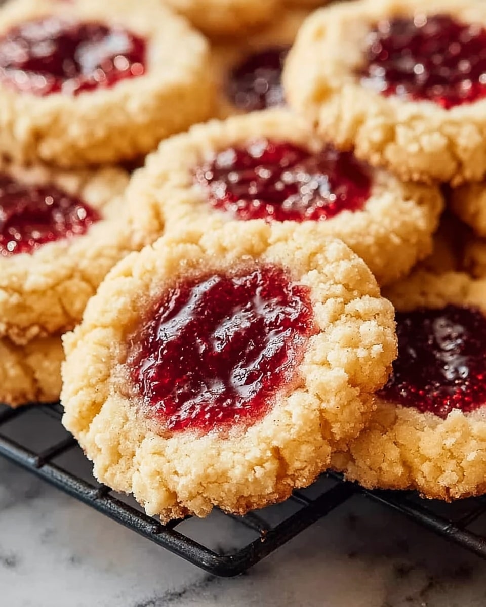 The image shows crumbly round cookies with a rough, light golden-brown outer layer and a center filled with bright red jam that looks shiny and smooth. Each cookie has two main layers: a thick crumbly dough ring on the outside and a slightly sunken jam layer in the middle. The cookies are stacked and spread on a dark rack, highlighting the crumbly texture and vibrant jam centers. The background is changed to a white marbled surface. photo taken with an iphone --ar 4:5 --v 7