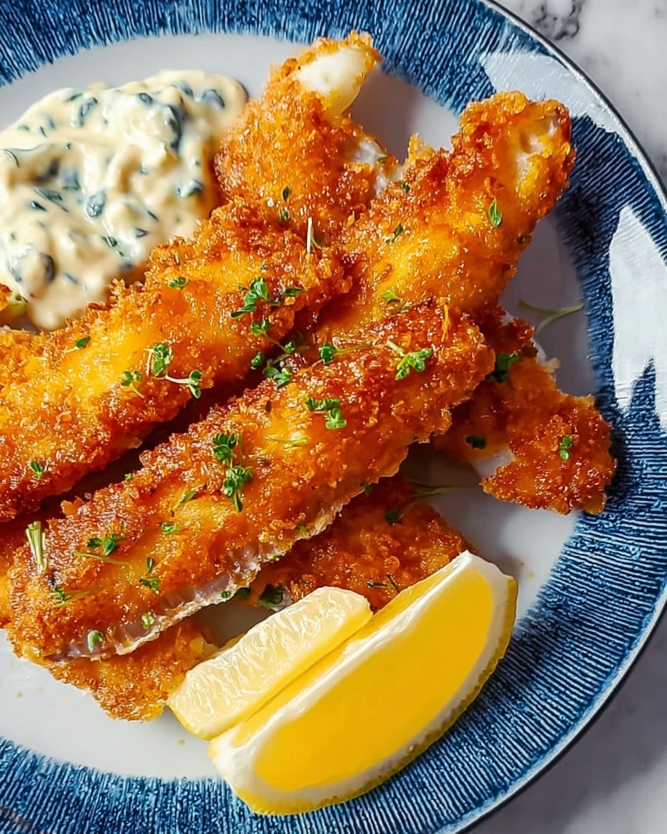 The dish shows several pieces of golden-brown crispy fried fish laid on a white plate with a blue textured edge. The fish pieces have a thick crunchy crust with small bits of batter sticking out and are garnished with small green herbs. In one corner of the plate are white creamy sauce dollops with green herb bits, and on the top right corner are bright yellow lemon wedges. The plate rests on a white marbled surface. photo taken with an iphone --ar 4:5 --v 7