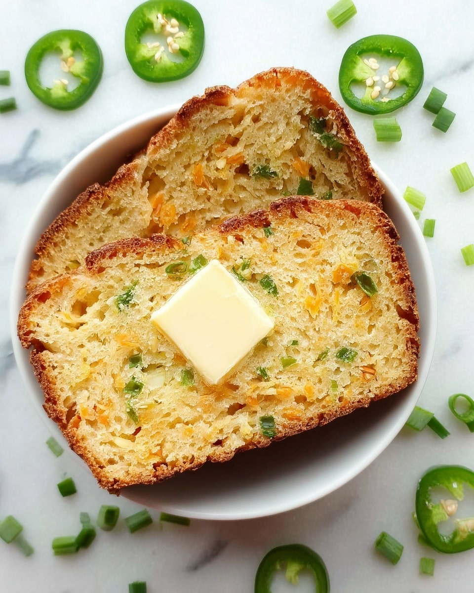Two slices of golden brown bread with visible bits of green jalapeño peppers are placed in a white bowl. The top slice has a small square of butter melting in the center. Around the bowl, there are sliced green jalapeños and small pieces of chopped green onion scattered on a white marbled surface. The bread texture looks soft with a slightly crispy crust. photo taken with an iphone --ar 4:5 --v 7
