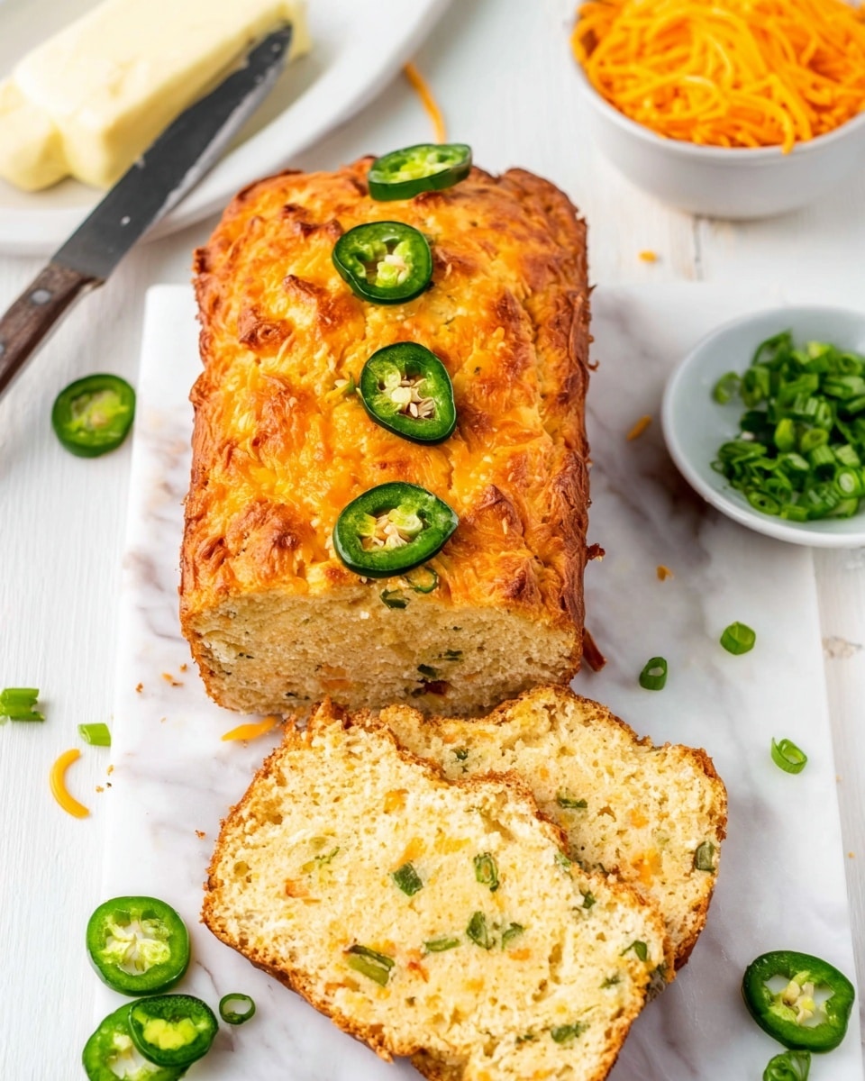 A loaf of golden-brown jalapeño cheddar bread rests on a white marbled surface, with one thick slice cut and positioned in front showing a soft, dense inside flecked with green jalapeño pieces and melted cheddar. The top of the bread has a rough, crunchy texture with a line of six round slices of jalapeño pepper placed in the center. Nearby are scattered small pieces of chopped green onions and sliced jalapeños. In the background, there is a white bowl filled with bright orange shredded cheddar cheese and a white plate holding a butter knife and butter. The overall setting gives a fresh, homemade feel to the spicy bread. photo taken with an iphone --ar 4:5 --v 7