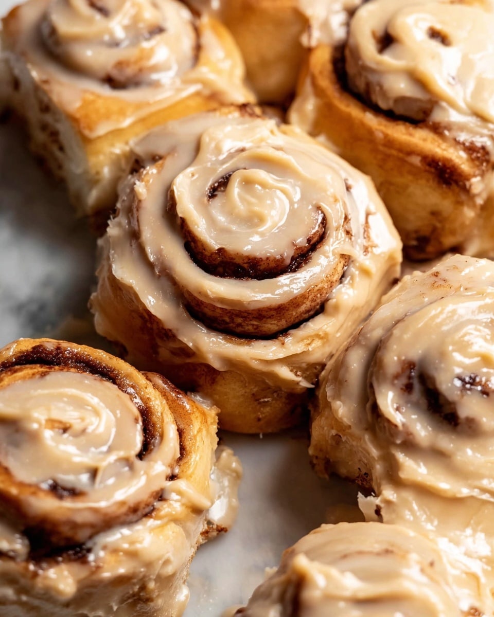 The image shows a close-up of several cinnamon rolls covered in thick, light brown frosting. Each roll has multiple soft dough layers spiraled tightly, with dark brown cinnamon filling visible in the swirls. The frosting is creamy and glossy, generously spread over the top and slightly dripping down the sides, giving the rolls a rich and sticky texture. The cinnamon rolls are placed closely together on a white marbled surface, highlighting their warm tones and gooey appearance. photo taken with an iphone --ar 4:5 --v 7