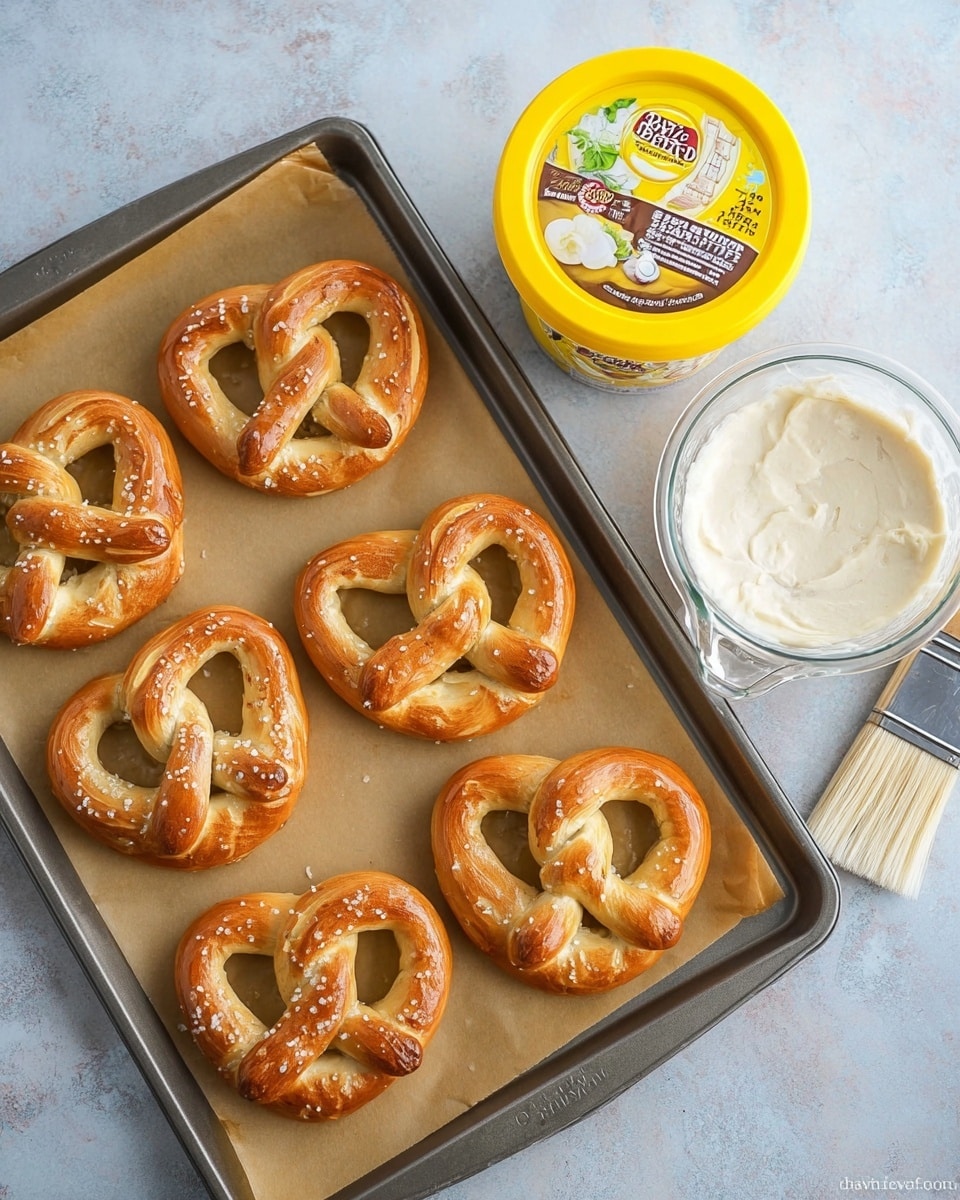 The image shows six golden-brown pretzels arranged on a metal baking sheet lined with light brown parchment paper. The pretzels have a smooth, shiny surface with a slight crust. To the right of the baking sheet, there is a yellow container of garlic butter with Parmesan cheese and basil, featuring white and green visuals on the label. Next to the butter is a clear measuring cup with a light foamy liquid inside and a white brush resting beside it. All items are placed against a white marbled textured background. photo taken with an iphone --ar 4:5 --v 7
