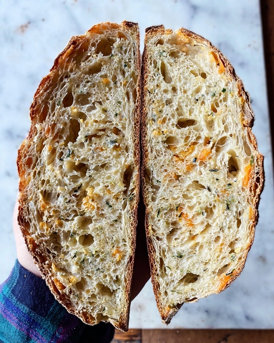 A close-up view of two large bread slices held vertically, showing their dense, airy texture with many small holes. The bread has a light beige color mixed with darker green herbs and bits of orange, suggesting cheese pieces inside. The crust is thin and slightly browned, wrapping the soft interior. A woman's hand wearing a blue plaid sleeve holds the bread from the bottom, against a white marbled surface background. The bread looks fresh and homemade. photo taken with an iphone --ar 4:5 --v 7
