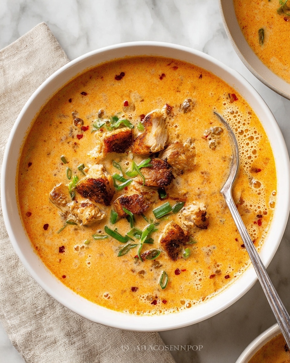 A white bowl filled with creamy orange soup showing a rich, smooth texture with small bubbles on the surface. On top, there are pieces of browned grilled chicken with visible grill marks, scattered with chopped green onions adding fresh green color spots. The soup has small bits of red and darker spices mixed in, giving a speckled look. A silver spoon rests in the bowl, partially inside the soup. The bowl sits on a white marbled surface next to a corner of a beige linen cloth and part of another dish. Photo taken with an iphone --ar 4:5 --v 7
