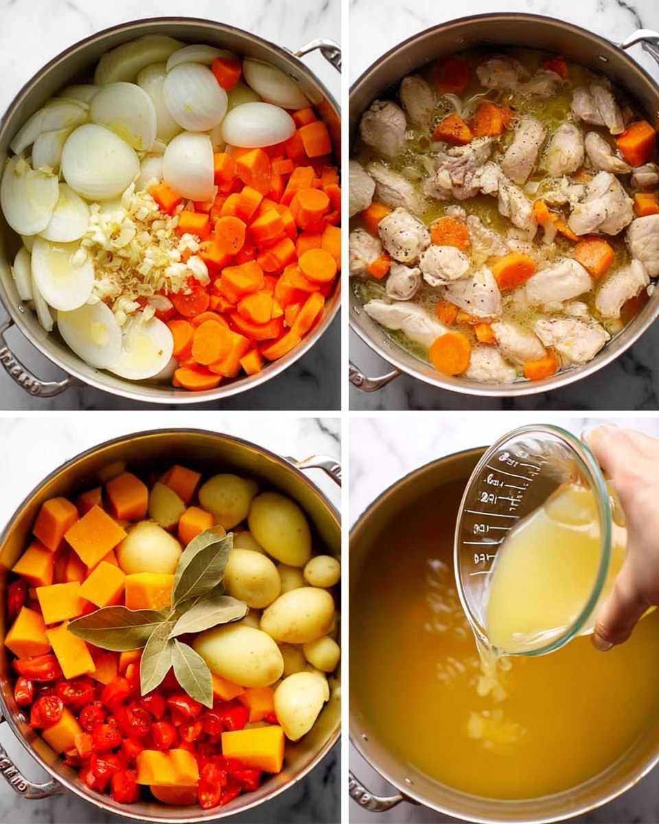 A collage of four close-up images shows a cooking pot on a white marbled surface filled with different layers of ingredients. The first photo shows sliced white onions, round chopped carrots, and minced garlic on top of browned chicken pieces with a light liquid. The second image highlights the same cooked chicken mixed with softened onions and carrots, showing a firmer texture. The third photo displays chopped orange butternut squash, halved small potatoes, and chopped red tomatoes along with two whole bay leaves on top in the pot. The last picture focuses on a woman’s hand pouring a light yellow broth from a glass measuring cup into the pot filled with the vegetables and bay leaves. photo taken with an iphone --ar 4:5 --v 7