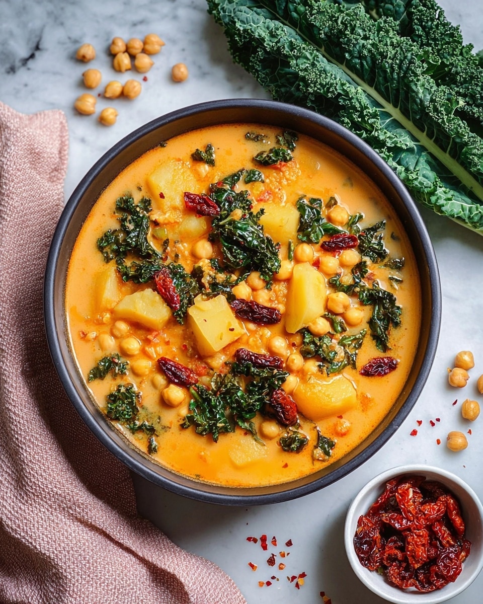 A deep bowl filled with an orange creamy stew that has three visible layers: the base layer is a smooth orange broth, the middle layer contains chunks of light yellow potatoes and soft chickpeas, and the top layer is dotted with dark green wilted kale leaves and small pieces of dark brown sun-dried tomatoes. The bowl is set on a white marbled surface with scattered red chili flakes and chickpeas surrounding it. To the right, there is a small white bowl filled with sun-dried tomatoes, and at the back, fresh dark green kale leaves lean against the bowl. A light pink textured cloth is placed to the left under part of the bowl. Photo taken with an iphone --ar 4:5 --v 7