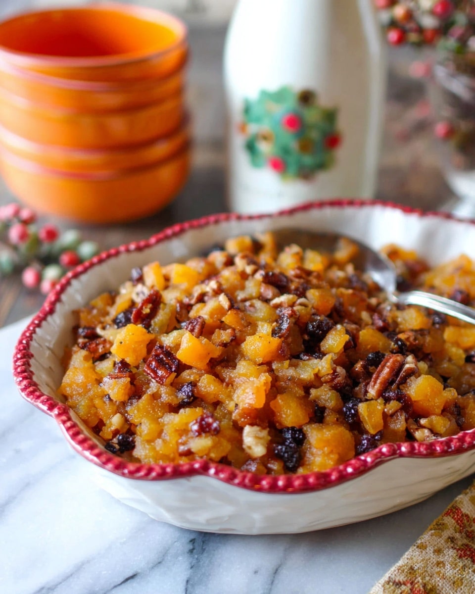 A deep white dish with red scalloped edges filled with a mix of diced cooked fruits and nuts, mainly showing golden orange and light brown pieces with some dark brown nuts and small black specks scattered throughout. The texture looks soft and moist with some chunks and nuts on top, and a silver spoon rests inside on the right side. The dish sits on a white marbled surface with a blurred background of an orange cup stacked on white cups and a white bottle with a green plant design, slightly decorated with a ring of colorful small berries or seeds nearby. Photo taken with an iphone --ar 4:5 --v 7