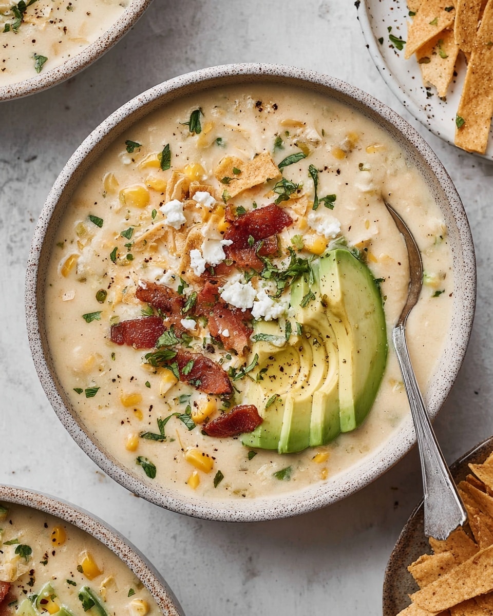 A close-up of a creamy soup served in a speckled light gray bowl, filled with a thick beige broth containing visible yellow corn kernels and small green herbs. On the soup’s surface, there are two slices of fresh avocado with a smooth, green gradient from dark to light, topped with white crumbles of cheese. Scattered across are crunchy, light tan tortilla strips and small pieces of crispy reddish-brown bacon, sprinkled with finely chopped green herbs and black pepper. A silver spoon is partially submerged in the soup, resting at the bowl’s edge. The bowl is placed on a white marbled texture surface, with parts of two other bowls and a white plate holding extra tortilla strips and bacon visible around it. photo taken with an iphone --ar 4:5 --v 7