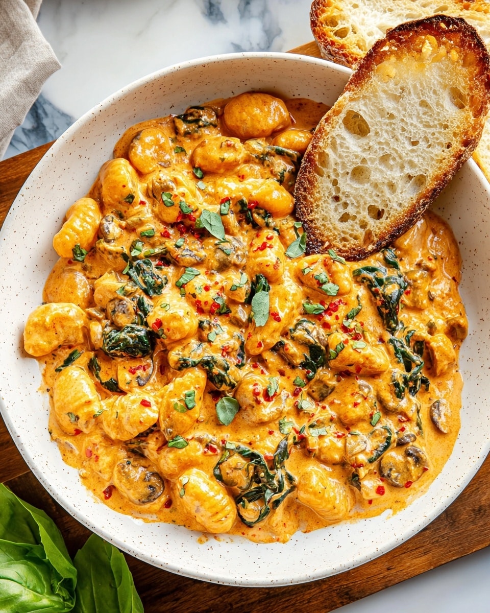 The dish is a creamy, thick pasta served in a white bowl with a smooth, slightly speckled texture. It has one main layer of soft, gnocchi-like pieces coated in a rich orange sauce mixed with wilted green spinach leaves and small bits of browned mushrooms. The sauce looks smooth and creamy with a few red chili flakes scattered on top. Fresh chopped green herbs are sprinkled sparsely across the pasta. On the side, inside the bowl, there is a toasted white baguette slice leaning against the pasta. The bowl is placed on a white marbled surface, with other pieces of bread and a basil leaf visible nearby. photo taken with an iphone --ar 4:5 --v 7