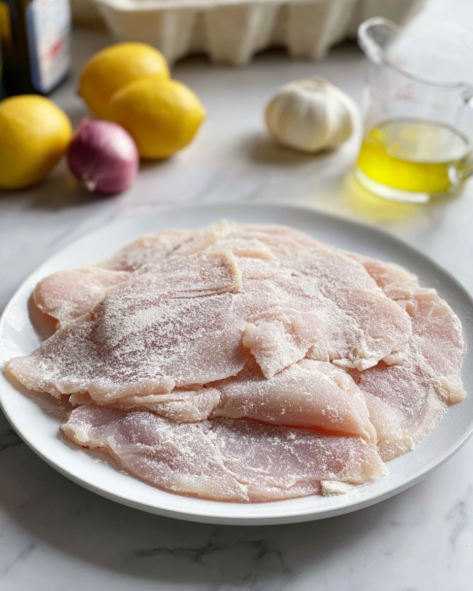 A white plate holds thin, raw chicken cutlets dusted lightly with white flour, arranged flat and overlapping slightly. The chicken pieces are pale pink with a soft texture, and the flour powder adds a matte finish with some cracked spots visible. In the blurred background, there are whole lemons, garlic, shallots, a clear glass measuring cup with yellow liquid, and a carton, all set on a white marbled surface. Photo taken with an iphone --ar 4:5 --v 7