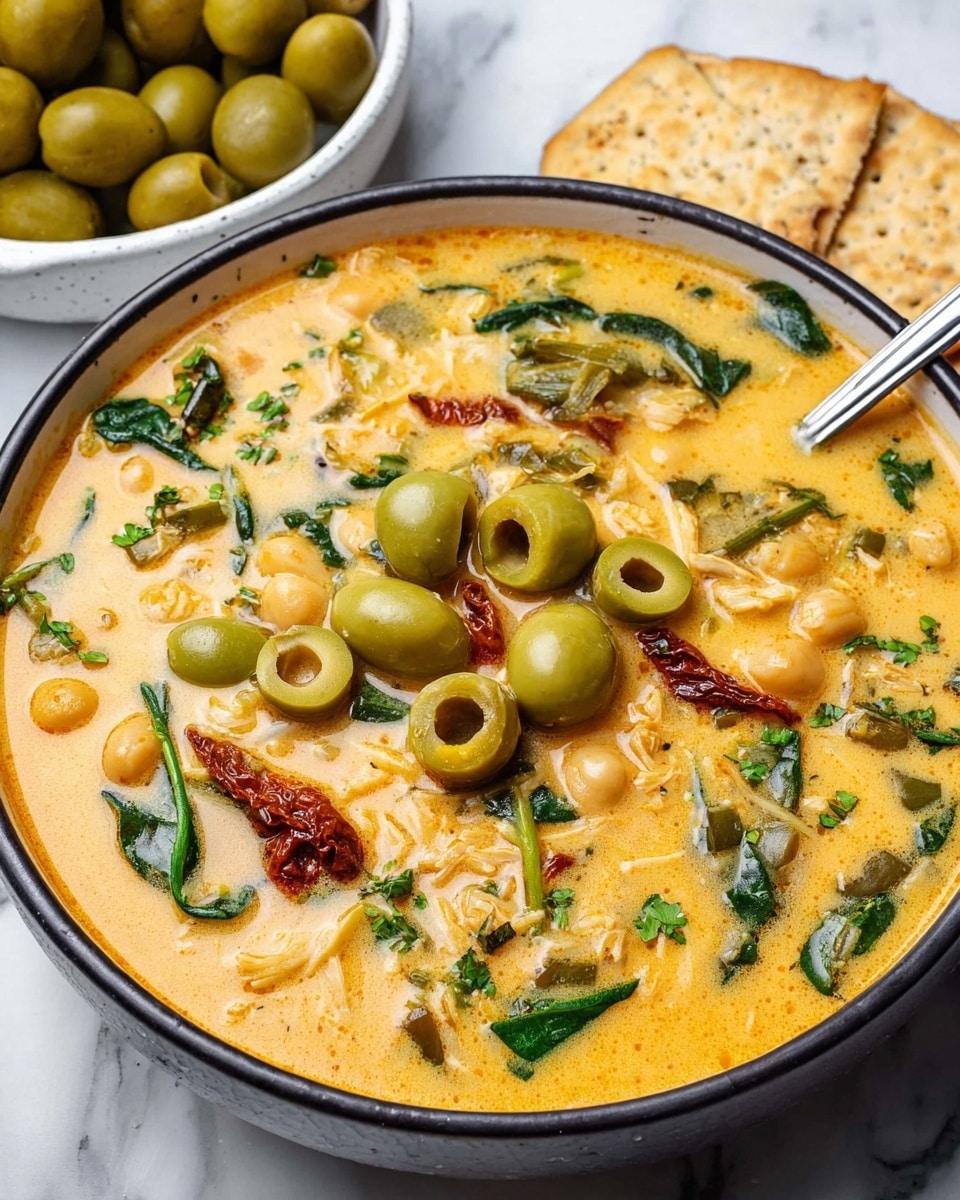 The dish is a creamy soup served in a white bowl with a dark rim. It has a thick, orange-yellow base filled with sliced green olives, whole green olives, chickpeas, wilted green spinach leaves, and small pieces of sun-dried tomatoes. There are also small bits of pale rice scattered throughout, adding texture. A silver spoon rests inside the bowl at the right edge. In the background, there is a white bowl filled with whole green olives and a cracker partially visible on the side, all placed on a white marbled surface. photo taken with an iphone --ar 4:5 --v 7