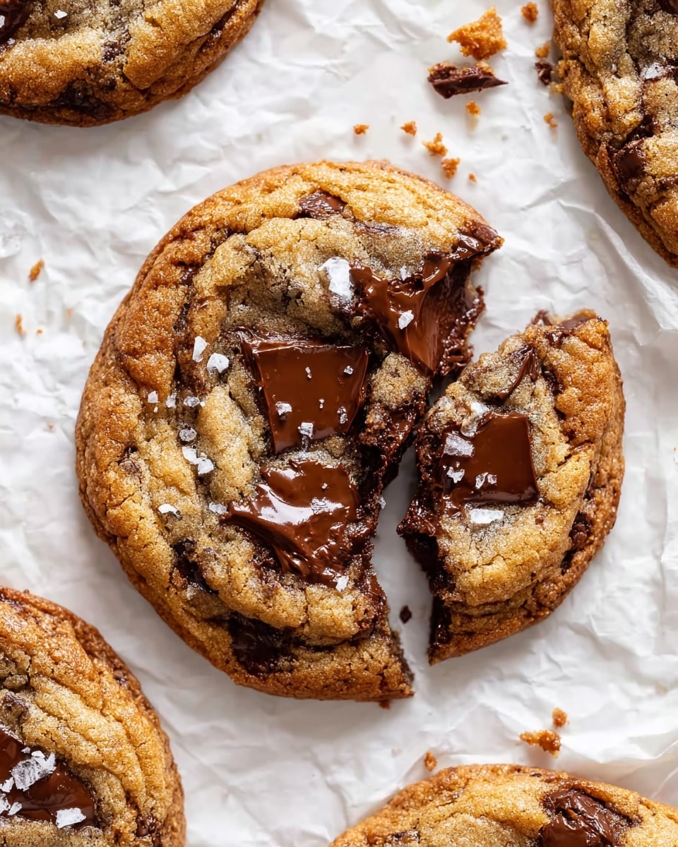 A close-up of a broken chocolate chip cookie on crinkled white parchment paper over a white marbled surface, showing three thick layers: the soft, golden-brown cookie dough with a slightly crispy edge, large melted dark chocolate chunks in the middle layer, and a few flakes of white sea salt sprinkled on top, creating a shiny, gooey texture in the chocolate and a craggy, chewy texture in the cookie base, with parts of surrounding cookies slightly visible at the edges; photo taken with an iphone --ar 4:5 --v 7
