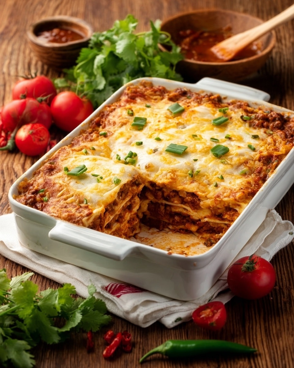A white rectangular baking dish filled with a layered casserole, with a textured golden-brown cheese layer on top sprinkled with small green herb pieces. One large square piece is cut out from the dish, revealing multiple inside layers including a reddish sauce, melted cheese, and a mix of other ingredients with soft and slightly chunky textures. The dish sits on a wooden surface next to some fresh green cilantro, a jalapeño, several small red cherry tomatoes, and a white cloth napkin. A wooden spoon with a reddish sauce is partly visible in the background. photo taken with an iphone --ar 4:5 --v 7