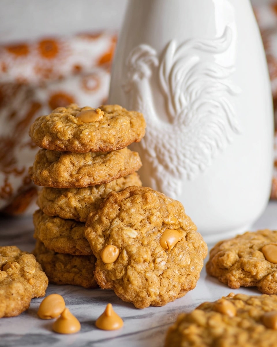 The image shows a close-up of a group of golden brown oatmeal cookies with scattered butterscotch chips on their slightly rough textured surface. The cookies are arranged in front of a large white ceramic container with a raised rooster design in the center. Some cookies are stacked in a tall pile on the right side, while a few lie flat around the base, showing their round shapes and oat details. The scene is set on a white marbled texture with a soft patterned cloth partially visible in the background. photo taken with an iphone --ar 4:5 --v 7