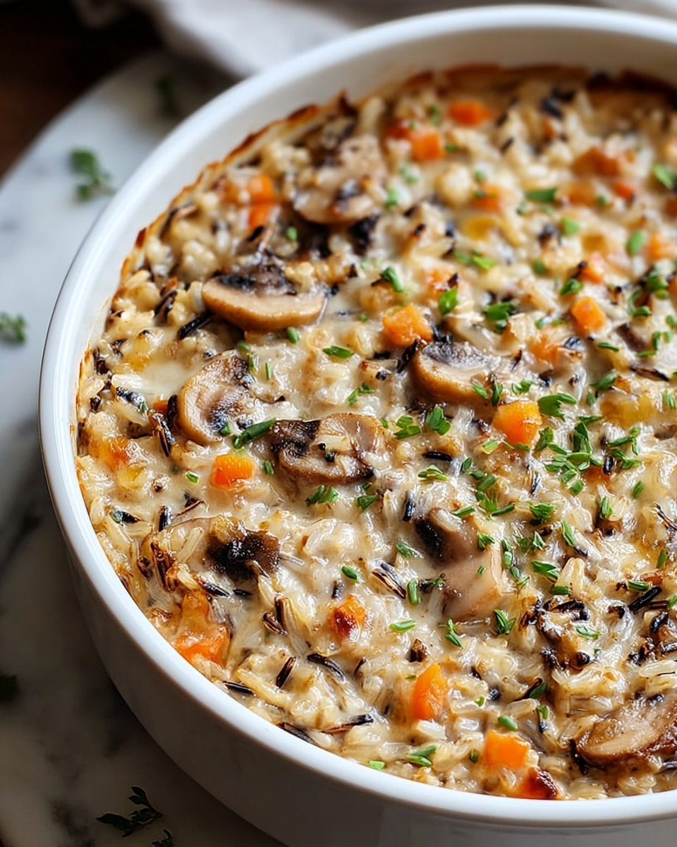 A close-up view of a creamy rice casserole in a white round ceramic dish filled to the top, showing a mixed layer of wild rice with chopped mushrooms and diced orange carrots all coated in a light creamy sauce, sprinkled with small chopped green herbs on top, with some golden-browned spots indicating it was baked, all placed on a white marbled texture surface. photo taken with an iphone --ar 4:5 --v 7