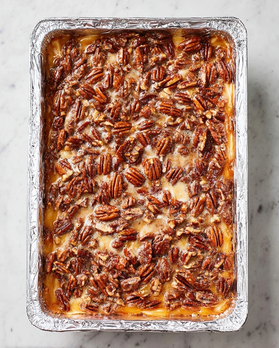 A rectangular baking dish lined with shiny foil holds a pecan dessert with three visible layers: a golden brown baked crust on the bottom, a middle creamy layer of light caramel and melted butter, and a top layer generously covered with toasted pecans that are glossy with a syrupy sheen and scattered unevenly. The edges of the dessert show a firm, slightly darker crust peeking out beneath the pecans, and small bubbles of creamy filling appear around the nuts, giving a rich, textured look. The dish sits on a white marbled surface. photo taken with an iphone --ar 4:5 --v 7