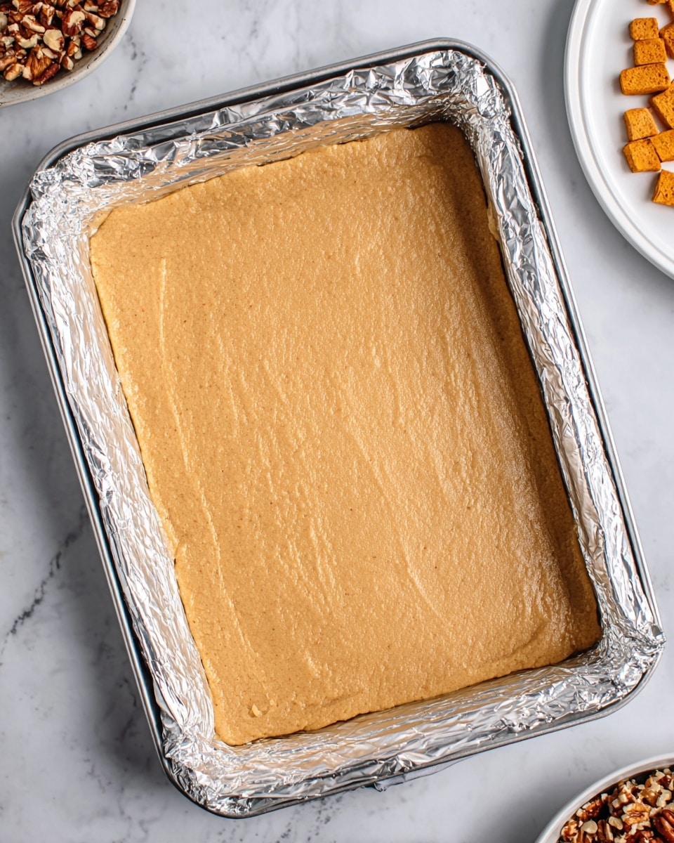 A rectangular baking tray lined with silver foil holds a single thick layer of smooth, light brown dough, evenly spread to fill the tray. The tray is placed on a white marbled surface. At the top right corner of the image, part of a white plate with small orange pieces is visible, along with another white plate at the bottom right showing some pecan nuts. Photo taken with an iphone --ar 4:5 --v 7
