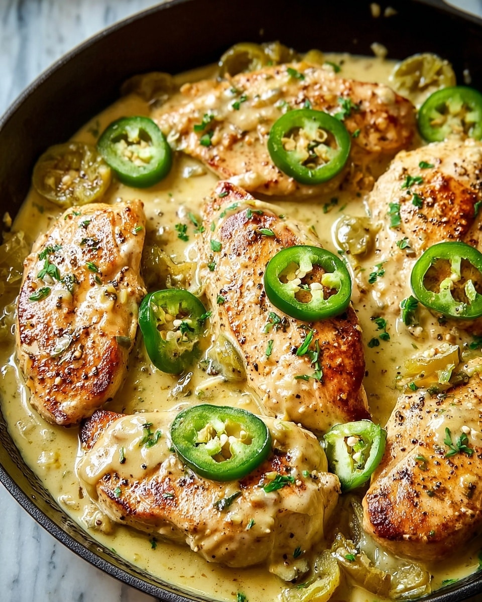 The image shows a close-up of a skillet with six pieces of golden-brown cooked chicken breasts covered in a creamy, light yellow sauce. The sauce has a smooth texture with small bits, likely herbs or spices, and is spread evenly around and on the chicken. Each chicken piece is topped with thin green jalapeño slices, some whole and some cut, adding a fresh and spicy touch. Small pieces of chopped green herbs sprinkled lightly over the chicken and sauce add a pop of color. The skillet is placed on a white marbled surface, giving a clean and bright look to the setting. photo taken with an iphone --ar 4:5 --v 7